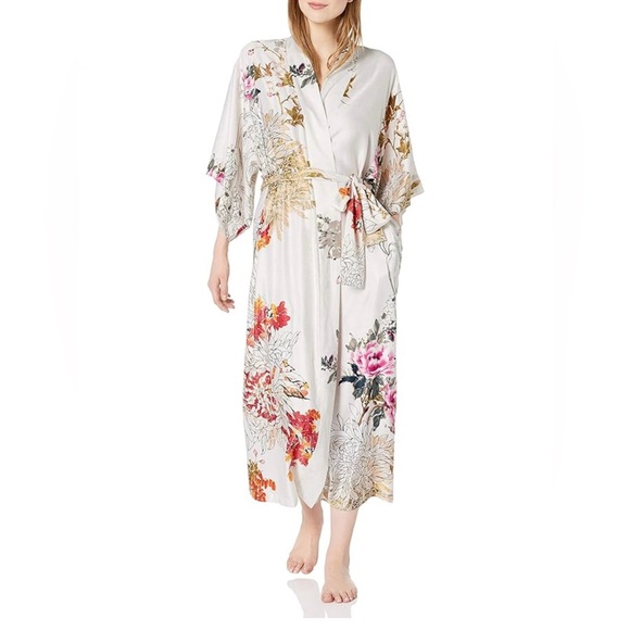 Natori Charmeuse Floral Print Kimono Wrap Robe Size Small - Picture 2 of 13